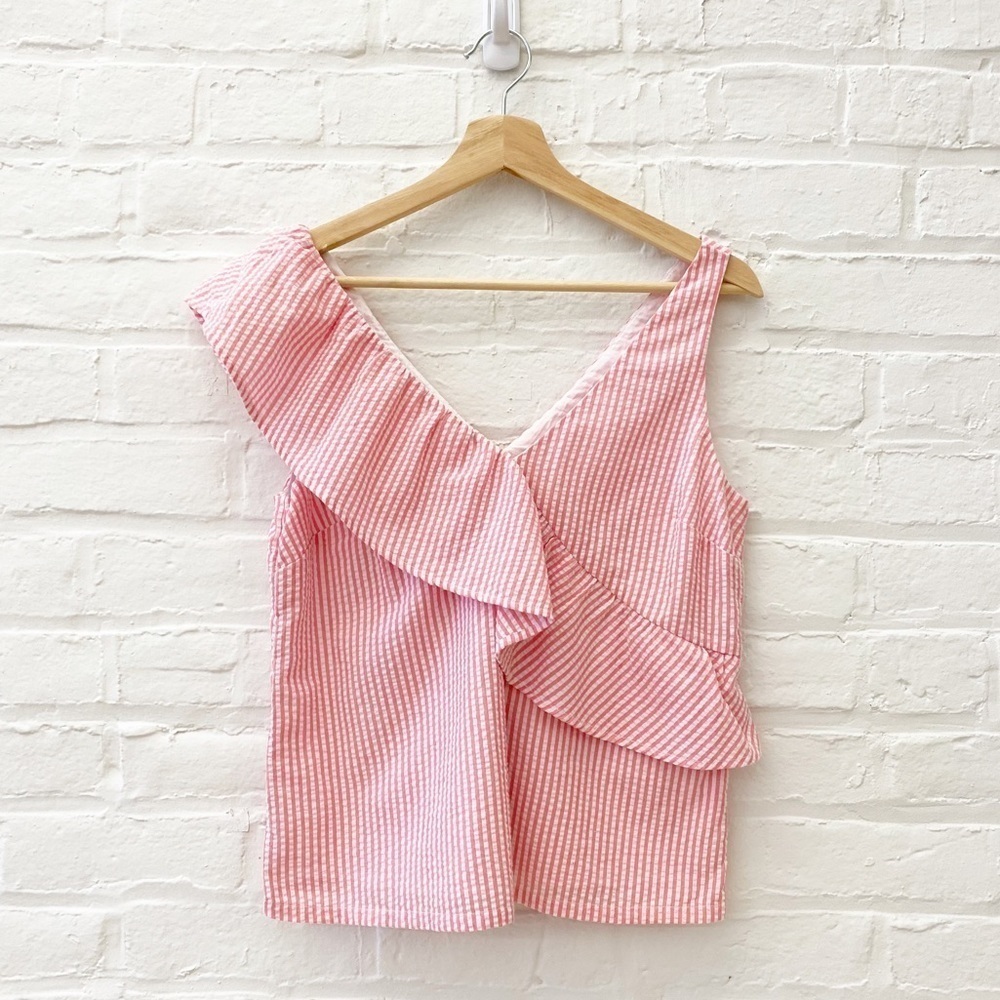 Vineyard Vines ||| Seersucker‎ Ruffle Tank Top Pink White Coastal